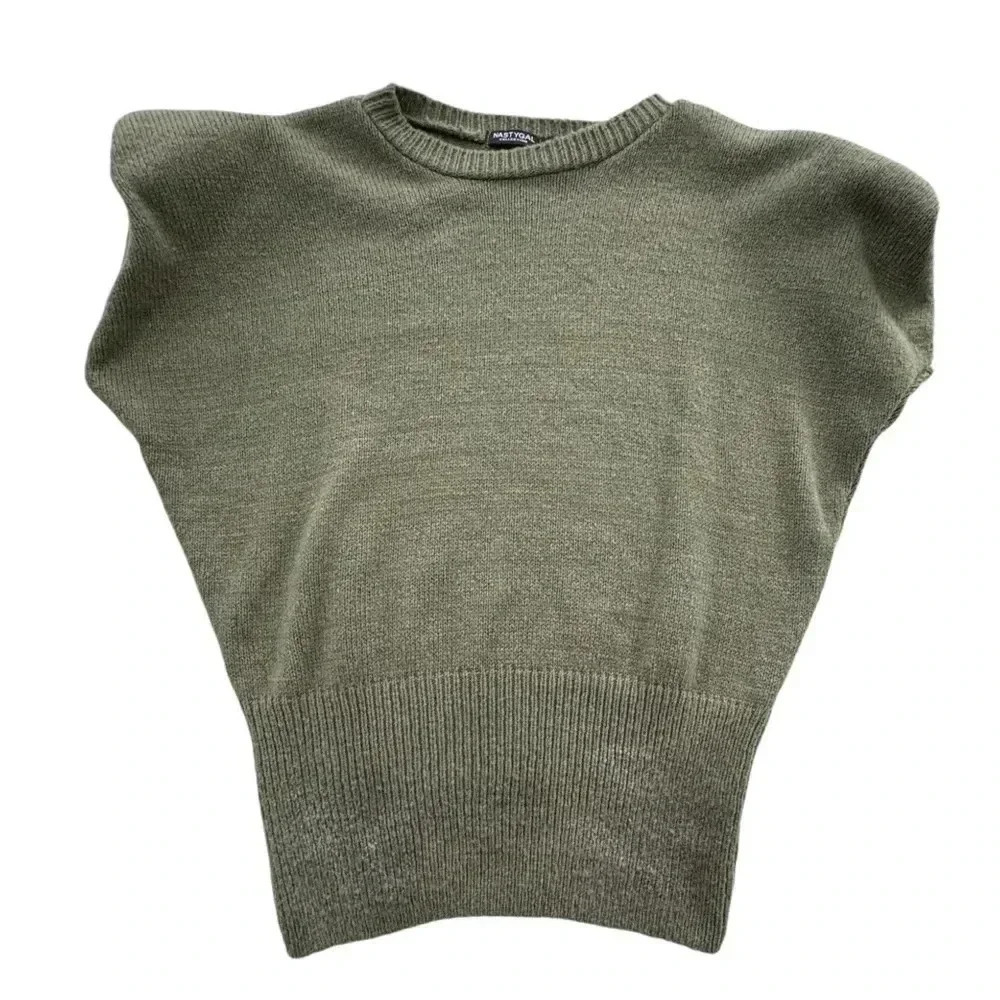 Nasty Gal Olive Green Sweater with Shoulder Pads Business Causal Work Office